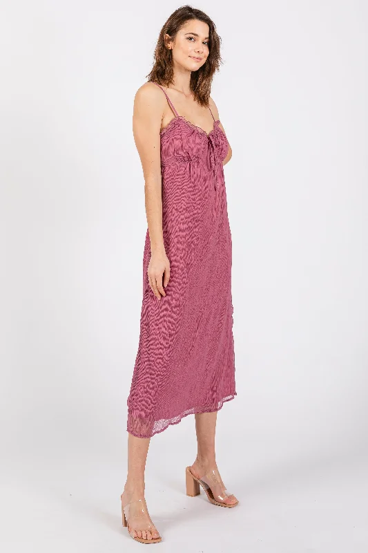Magenta Ruffle V-Neck Sleeveless Midi Dress Comfortable Knitwear Midi Dress