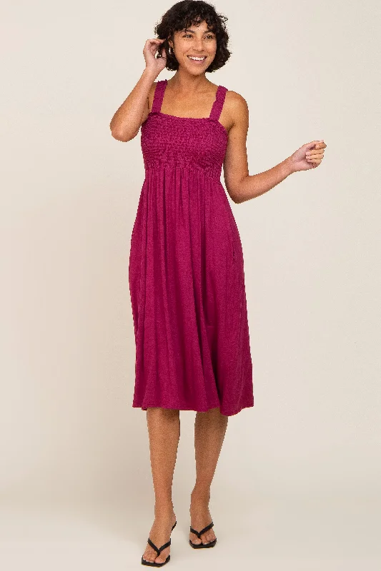 Magenta Smocked Ruffle Strap Midi Dress Elegant Satin Midi Dress