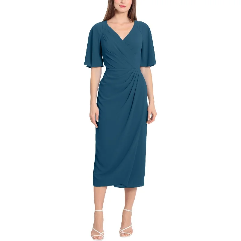 Maggy London Womens Surplice Mid Calf Wrap Dress Elegant Silk-Wrap Dress