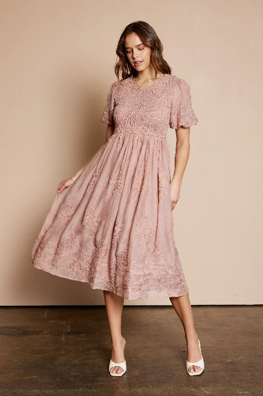 Mauve Floral Lace Smocked Midi Dress Fashionable Casual Midi Dress