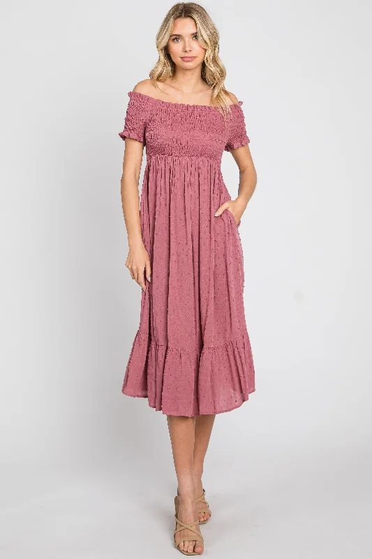 Mauve Off Shoulder Smocked Midi Dress Elegant Satin Slip Midi Dress