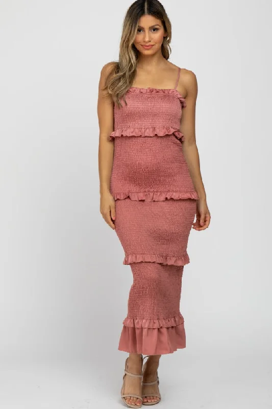 Mauve Satin Smocked Fitted Midi Dress Stylish Long Sleeve Floral Midi Dress