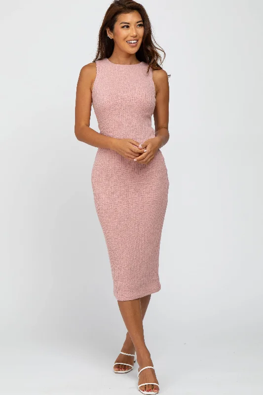 Mauve Twist Back Accent Ribbed Midi Dress Trendy Shift Midi Dress