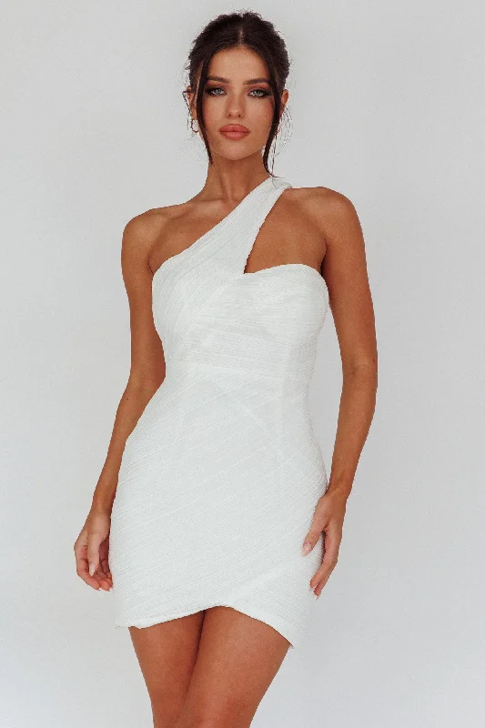 Meridith One Shoulder Accordion Pleat Mini Dress Off White Cozy T-Shirt Mini Dress