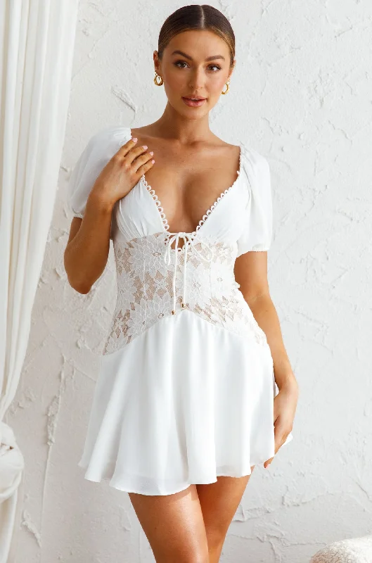 Mielle Lace Bodice Mini Dress White Elegant Satin Lace Mini Dress