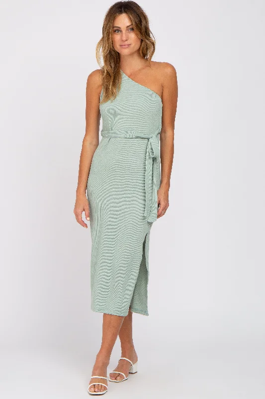 Mint Green Ribbed One Shoulder Side Slit Midi Dress Stylish Tiered Midi Dress