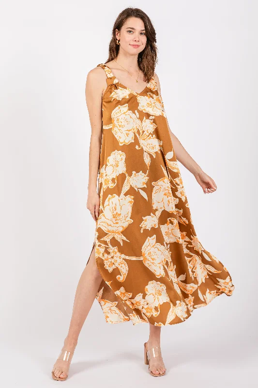 Mocha Floral Ruched Strap V-Neck Midi Dress Fashionable One-Shoulder Midi Dress