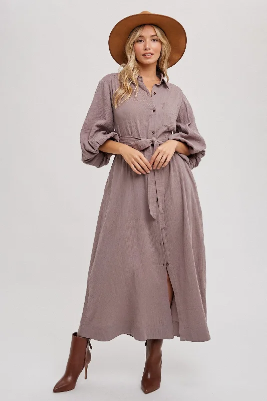 Mocha Gauze Belted Shirt Midi Dress Trendy Fit-and-Flare Midi Dress