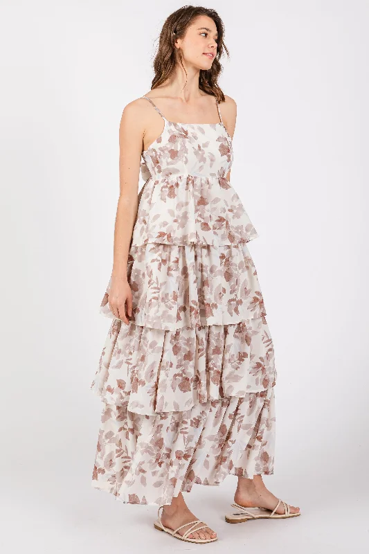 Mocha Leaf Print Square Neck Cut-Out Back Ruffle Tiered Midi Dress Fashionable Fitted Midi Dress