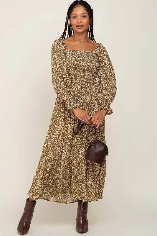 Mocha Leopard Print Square Neck Smocked Midi Dress Elegant Floral Skirt Midi Dress