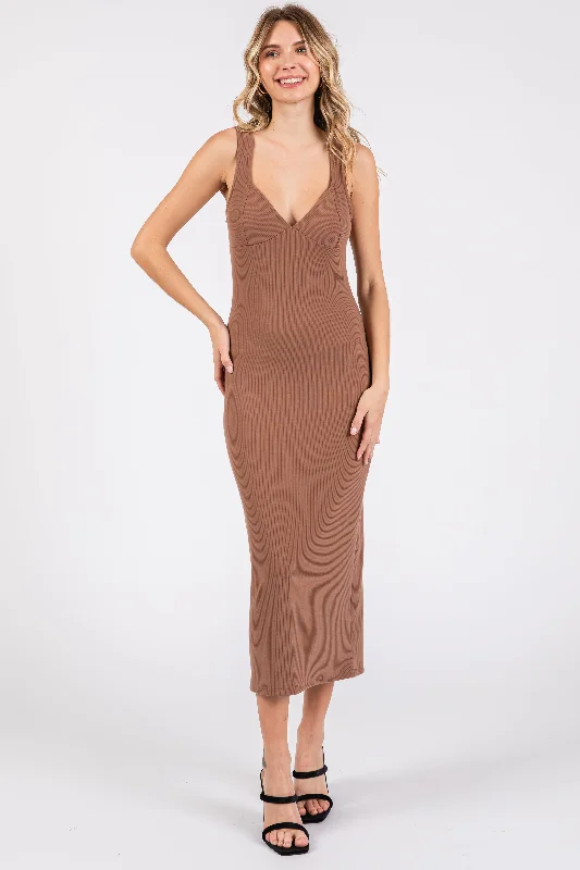 Mocha Ribbed Sweetheart Neck Midi Dress Trendy Boho Midi Dress