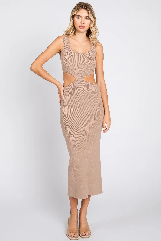 Mocha Sleeveless Side Cutout Midi Dress Stylish Satin Midi Dress