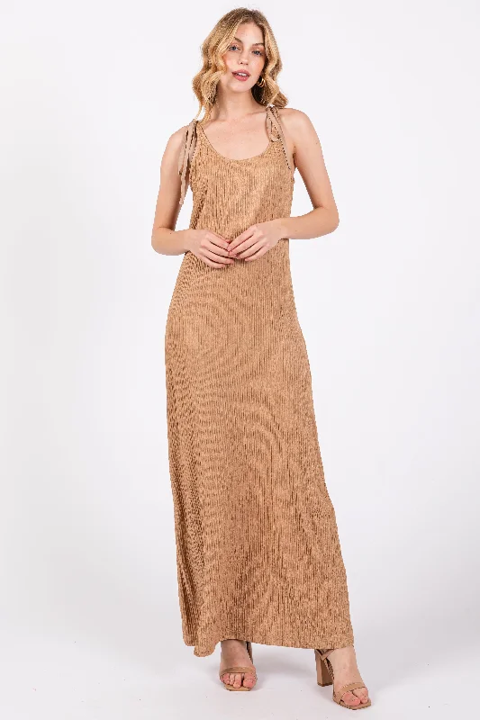 Mocha Textured Tie Strap Midi Dress Elegant Puff Sleeve Midi Dress
