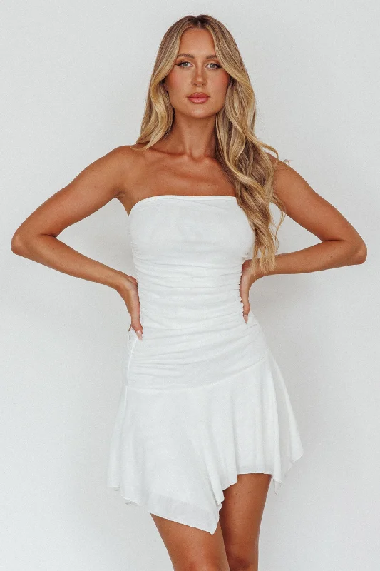 Modern Muse Asymmetrical Hem Mini Dress White Cozy Cowl Neck Mini Dress
