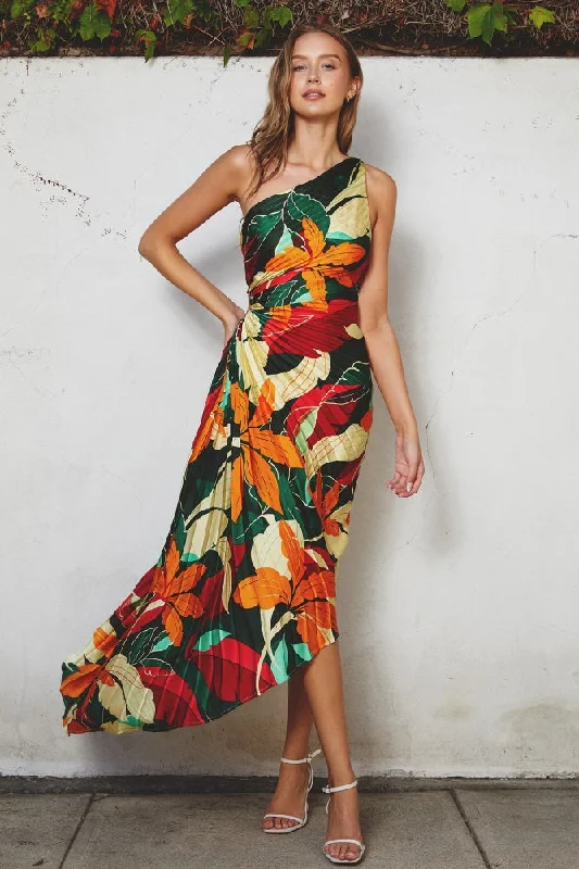 Multi-Color Floral Pleated Satin One Shoulder Asymmetrical Midi Dress Cozy Ribbed Knit Midi Dress