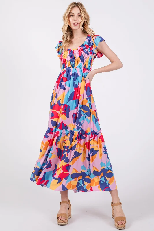 Multi-Color Smocked Ruffle Midi Dress Fashionable Shift Midi Dress