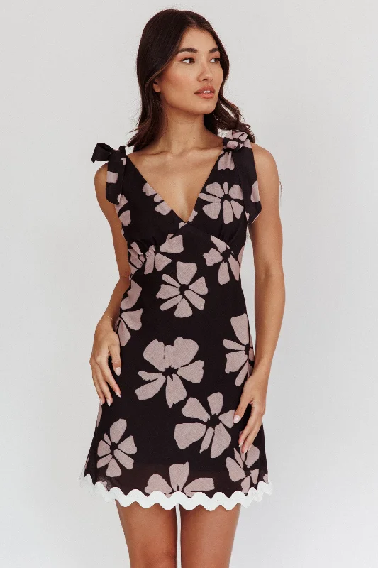 Mykonos Morning Tied Shoulder Mini Dress Floral Black Cozy Long Sleeve Mini Dress