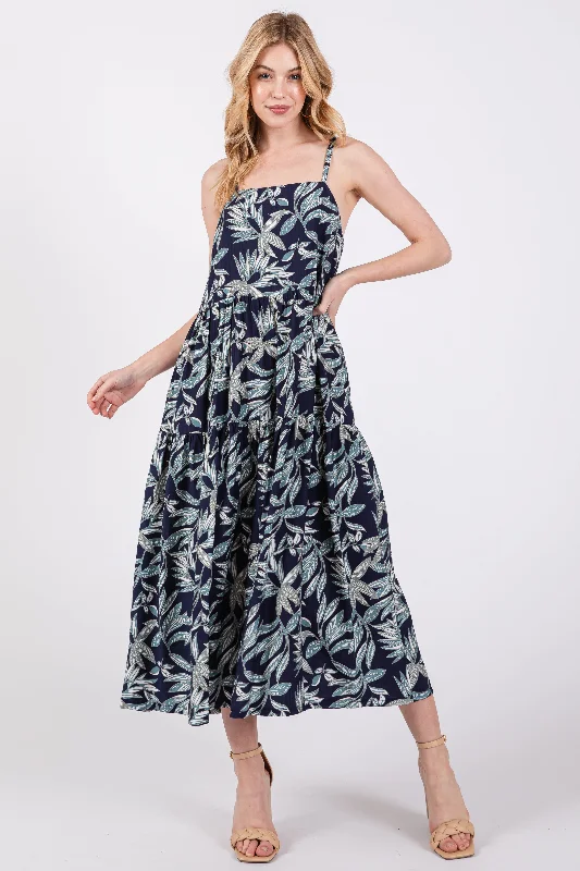 Navy Blue Leaf Print Square Neck Tiered Midi Dress Elegant V-Neck Midi Dress