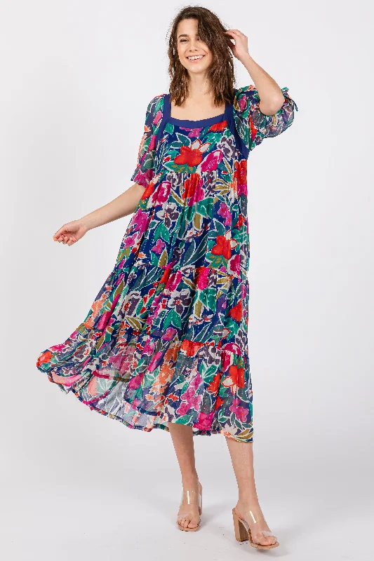 Navy Floral Half-Length Sleeve Tie Midi Dress Comfortable Deep V Midi Dress