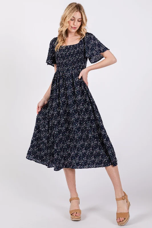 Navy Floral Square Neck Smocked Maternity Midi Dress Fashionable Chiffon Midi Dress