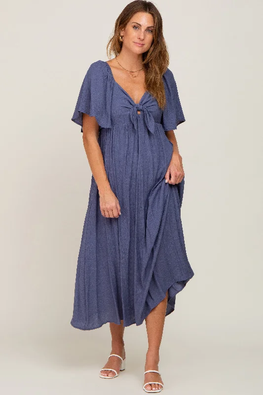 Navy Front Tie Ruffle Sleeve Midi Dress Comfortable Sleeveless Midi Dress