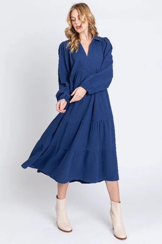 Navy Light Weight Collared Tiered Midi Dress Trendy Ruched Side Midi Dress
