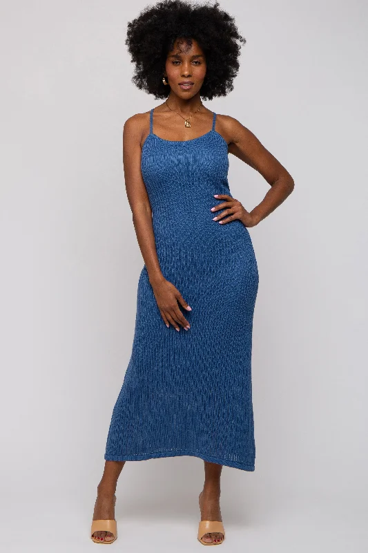Navy Open Knit Crochet Midi Dress Comfortable Geometric Print Midi Dress