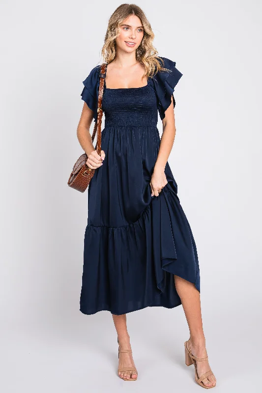 Navy Satin Flutter Sleeve Midi Dress Cozy Ribbed Knit Midi Dress