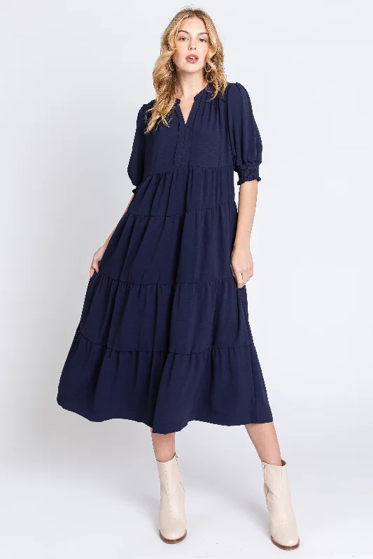 Navy Short Sleeve Tiered Midi Dress Comfortable Deep V Midi Dress