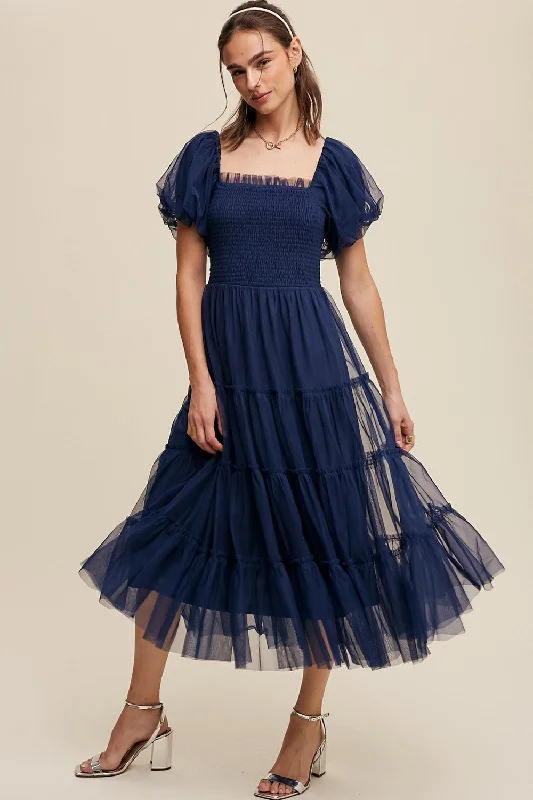 Navy Smocked Tiered Tulle Midi Dress Fashionable High-Neck Midi Dress