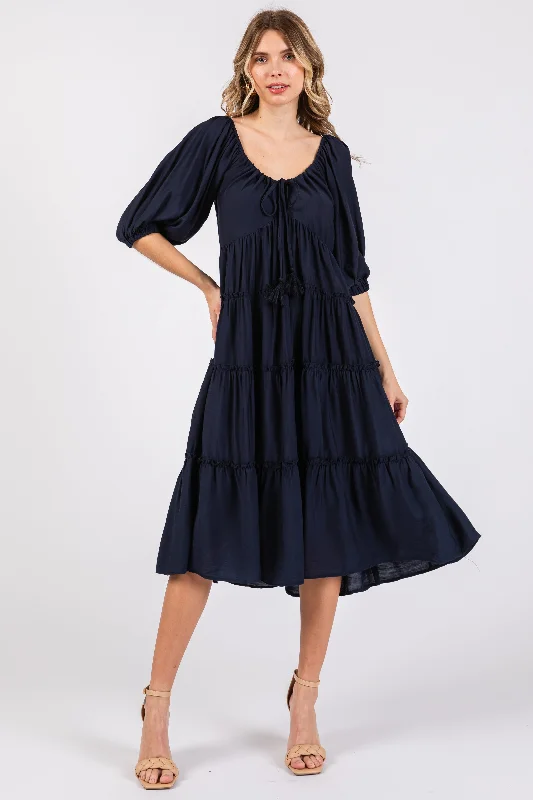 Navy Tiered Midi Dress Comfortable Ribbed Midi Dress
