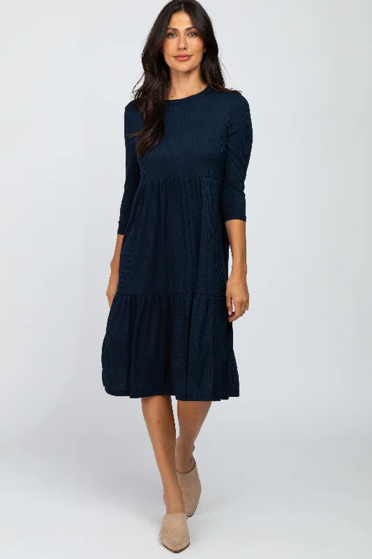 Navy Tiered Ribbed 3/4 Sleeve Midi Dress Cozy Tie-Dye Midi Dress