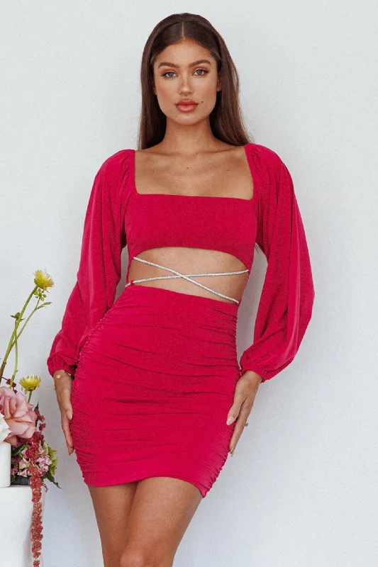 Nohemi Long Sleeve Diamante Mini Dress Plum Fashionable Pleated Mini Dress