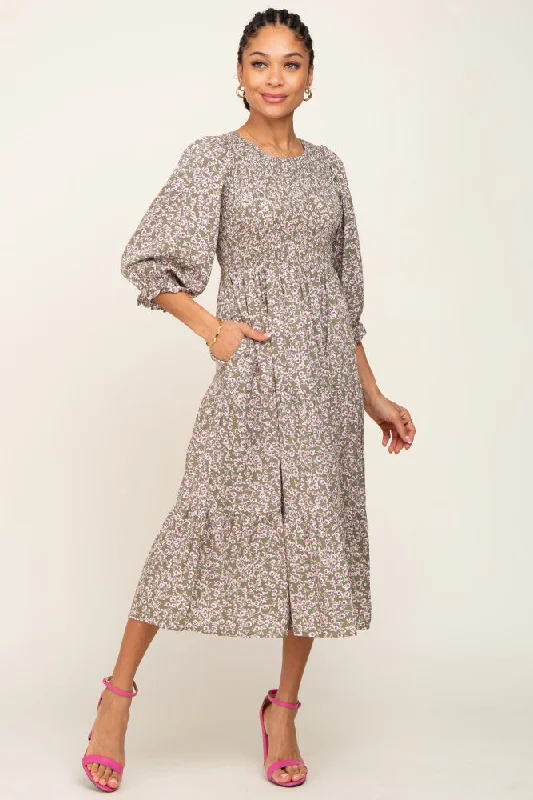 Olive Floral Smocked 3/4 Sleeve Midi Dress Trendy Bodycon Midi Dress