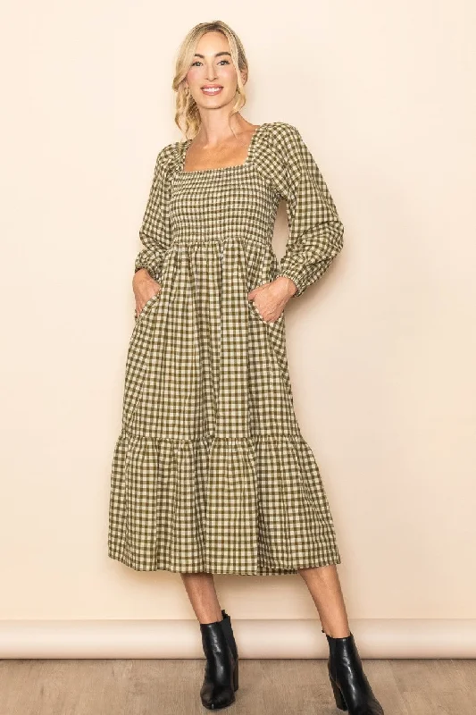 Olive Gingham Long Sleeve Midi Dress Trendy Smocked Detail Midi Dress