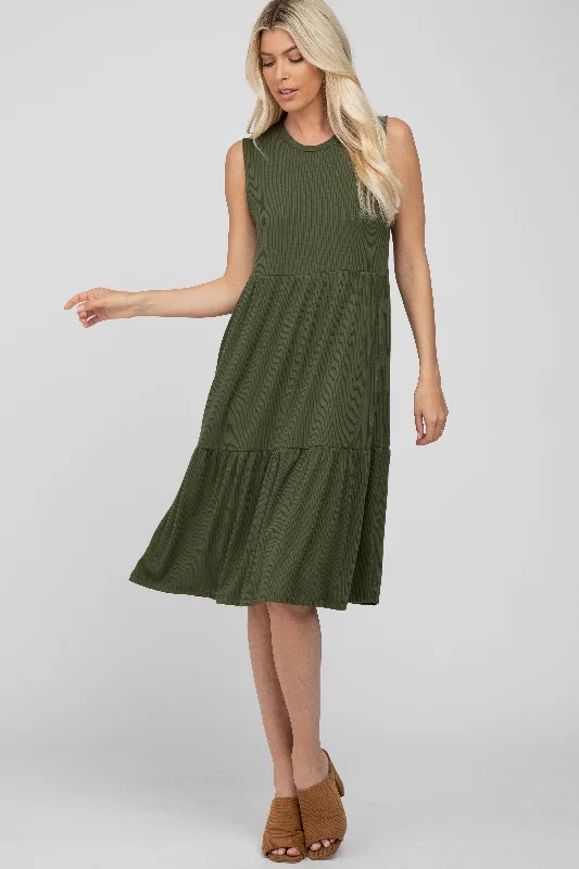 Olive Ribbed Tiered Midi Dress Trendy Square Neck Midi Dress