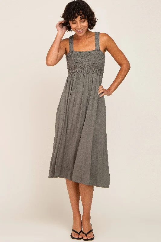Olive Smocked Ruffle Strap Midi Dress Cozy Spaghetti Strap Midi Dress