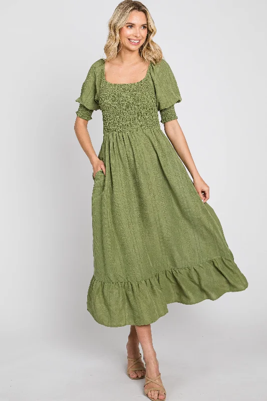 Olive Square Neck Smocked Short Sleeve Midi Dress Fashionable Floral Embroidery Midi Dress