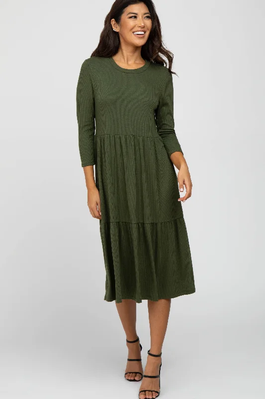 Olive Tiered Ribbed 3/4 Sleeve Midi Dress Elegant Floral Appliqué Midi Dress