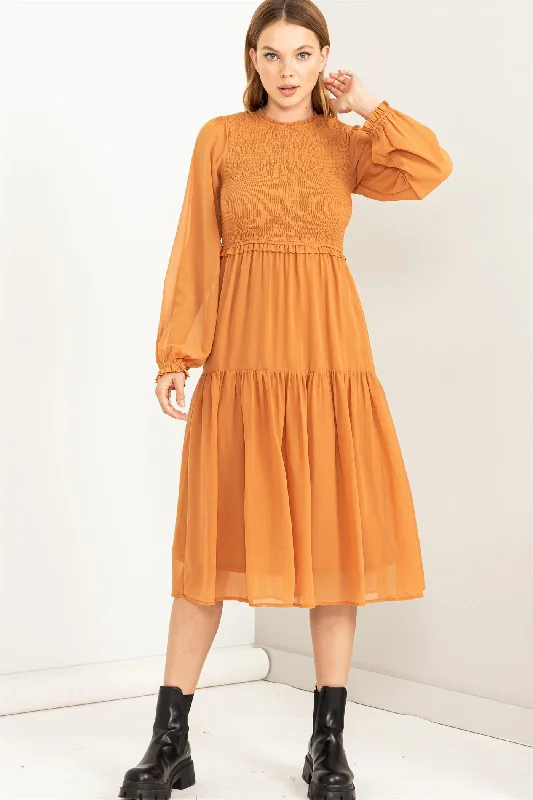 Orange Chiffon Tiered Midi Dress Comfortable Lace-Up Midi Dress