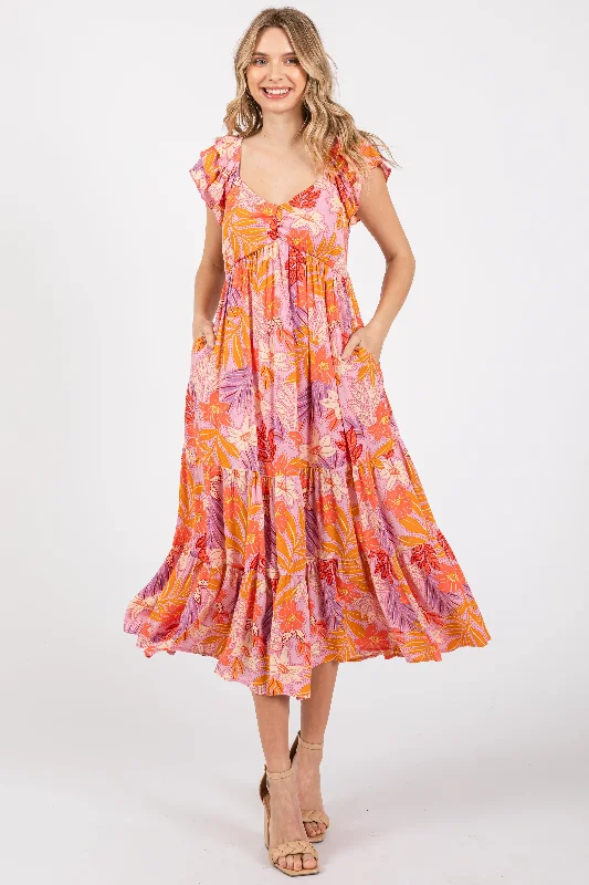 Orange Floral Sweetheart Neck Ruffle Shoulder Midi Dress Cozy A-Line Midi Dress