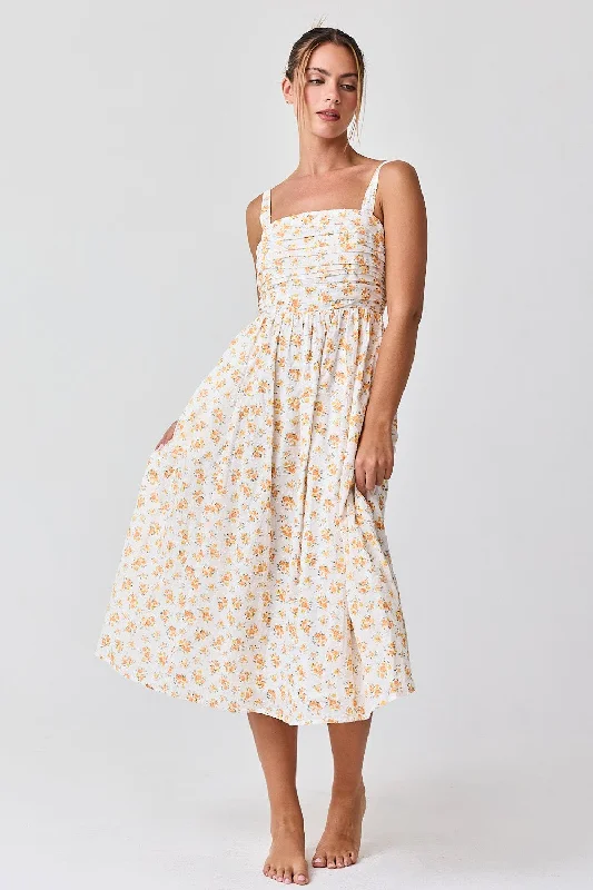 Orange Floral Textured Dot Square Neck Midi Dress Stylish Silk Midi Dress