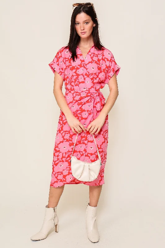Orange Fuchsia Surplice Floral Print Wrap Midi Dress Stylish Button-Up Midi Dress