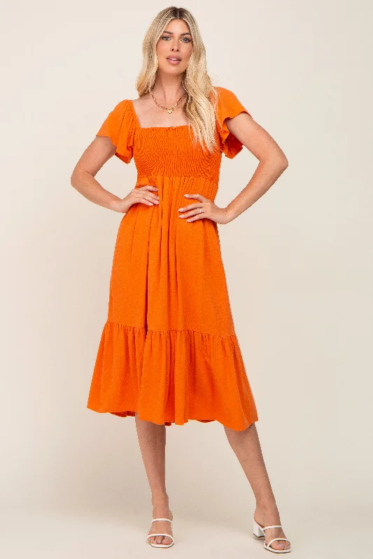 Orange Smocked Ruffle Hem Midi Dress Stylish Striped Midi Dress