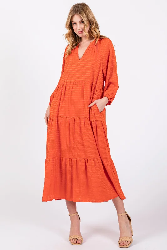 Orange Textured Tiered Midi Dress Elegant Lace Trim Midi Dress