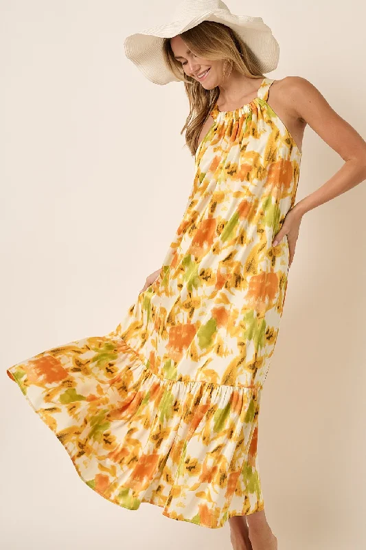 Orange Watercolor Print Satin Midi Dress Stylish Halter Neck Midi Dress