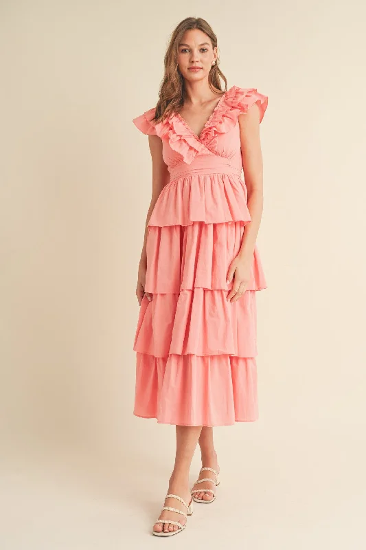 Papaya Layered Ruffle Trim Midi Dress Comfortable Button Front Midi Dress