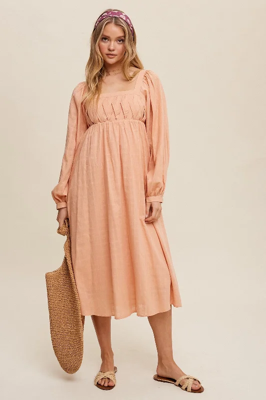 Peach Criss Cross Front Square Neck Long Sleeve Midi Dress Fashionable One-Shoulder Midi Dress