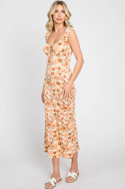Peach Floral Fitted Midi Dress Comfortable Ruched Midi Dress