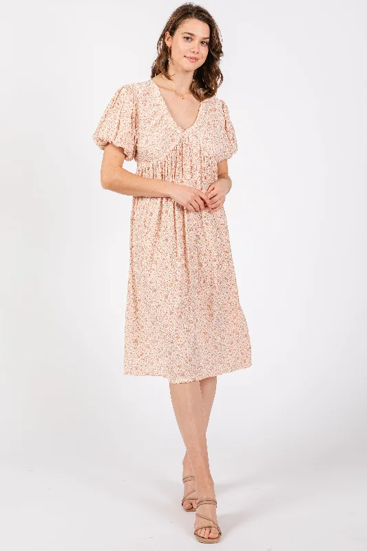 Peach Floral Puff Sleeve Midi Dress Fashionable Chiffon Midi Dress